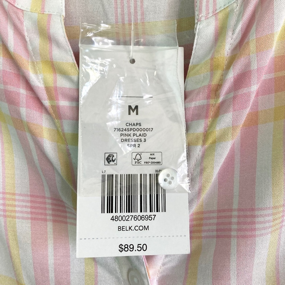 Womens size medium Chaps NWT pink & yellow plaid button front dress with pockets - Picture 11 of 13